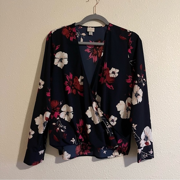 a new day Blue Navy Pink Floral Long Sleeve V Neck Mock Wrap Long Sleeve Small - Picture 4 of 10